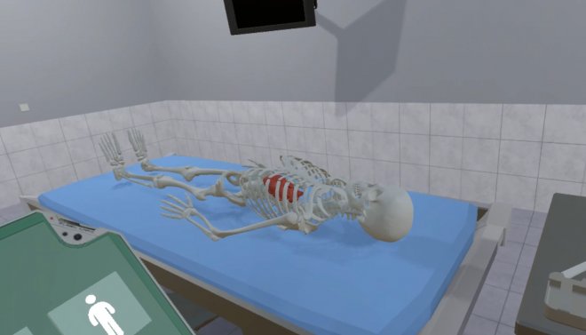 Virtual Reality skeleton in medical room