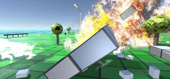 Cube town destroyed by fire virtual reality VR MojoApps