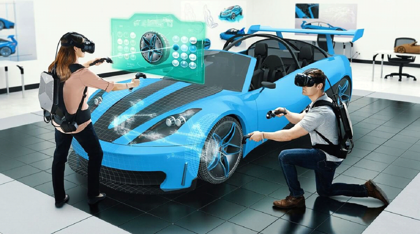 People configurating a blue sport car using Virtual reality googles