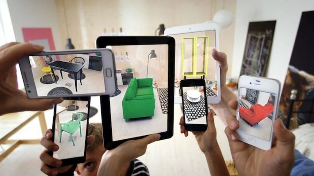 Various 3d AR models furniture shown on different devices