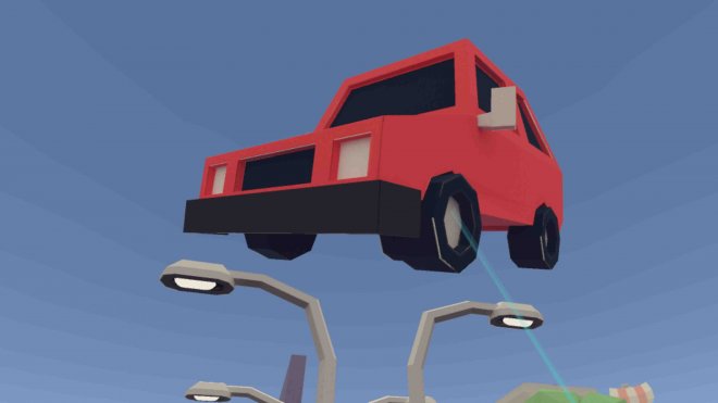 Red car flying in VR town game